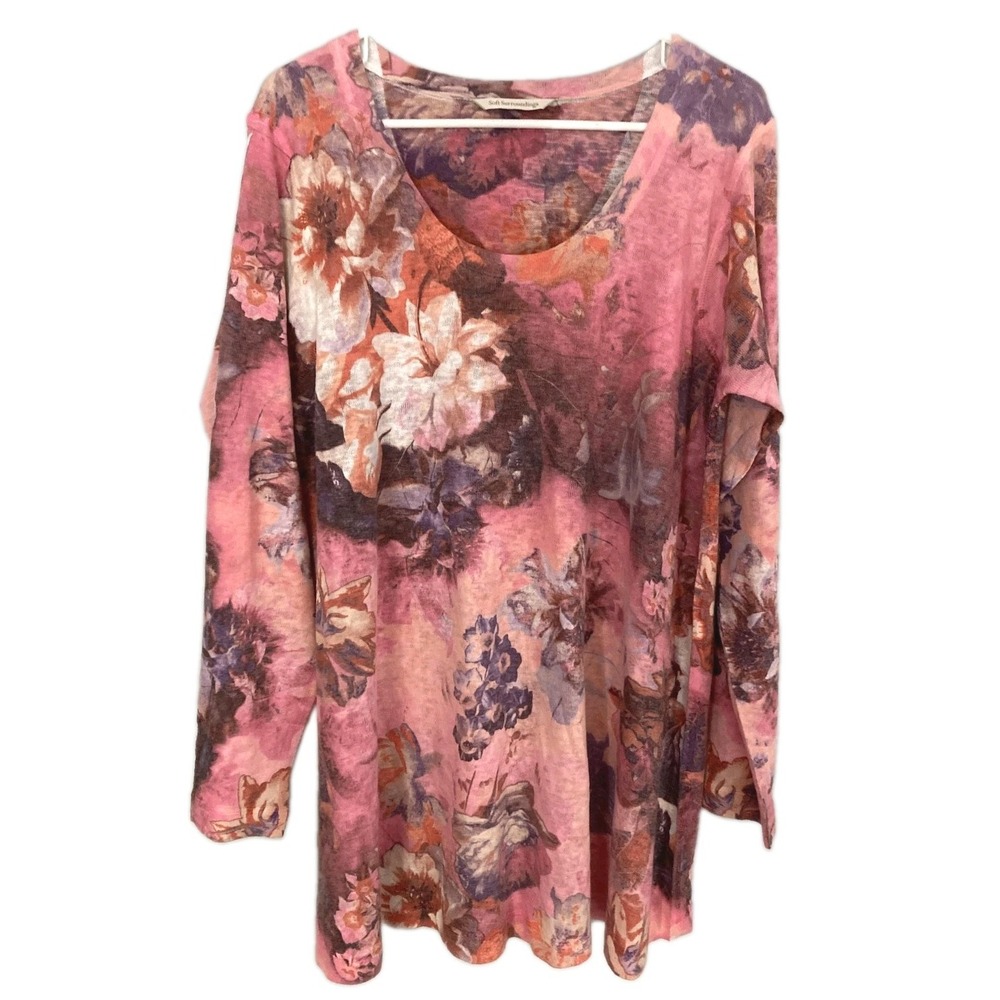 Soft Surroundings Tunic Top Women L/XL Pink Floral Scoop Neck Long Sleeve Knit